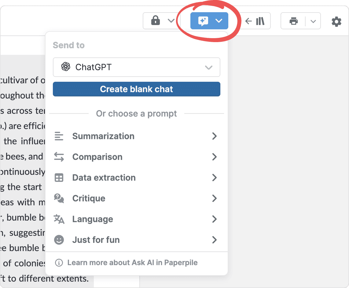 The PDF viewer toolbar with the circled Ask AI button open, showing “Send to” set to ChatGPT, a “Create blank chat” button and the prompt categories Summarization, Comparison, Data extraction, Critique, Language and Just for fun.